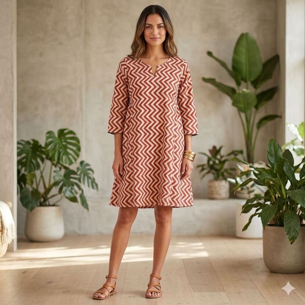 Fabindia 100% Cotton Dress Medium M Rust Red Chevron Zig Zag Knee Length